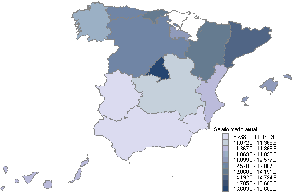 Mapa con la distribuci&oacute;n del salario medio anual por comunidades aut&oacute;nomas