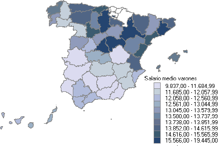 Mapa con la distribuci&oacute;n del salario medio anual por Provincias