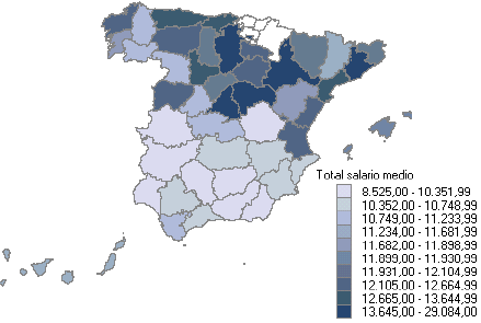 Mapa con la distribuci&oacute;n del salario medio anual por provincias (mujeres)
