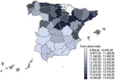 Mapa con la distribuci&oacute;n del salario medio anual por Provincias