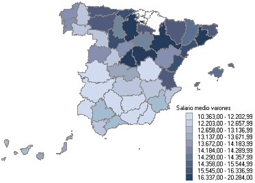 Mapa con la distribuci&oacute;n del salario medio anual por provincias (hombres)
