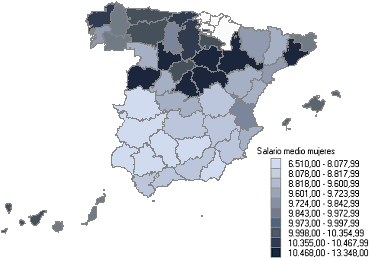 Mapa con la distribuci&oacute;n del salario medio anual por provincias (mujeres)