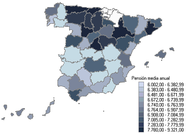 Districuci&oacute;n de pensiones medias por provincias