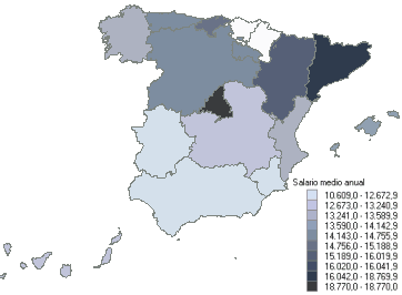 Mapa con la distribuci&oacute;n del salario medio anual por comunidades aut&oacute;nomas