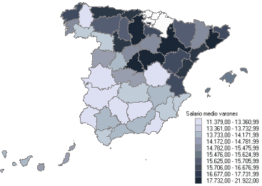 Mapa con la distribuci&oacute;n del salario medio anual por Provincias