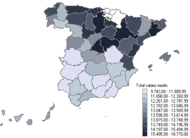 Mapa con la distribuci&oacute;n del salario medio anual por provincias (mujeres)