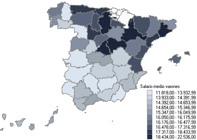 Mapa con la distribuci&oacute;n del salario medio anual por Provincias