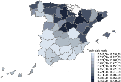 Mapa con la distribuci&oacute;n del salario medio anual por provincias (mujeres)