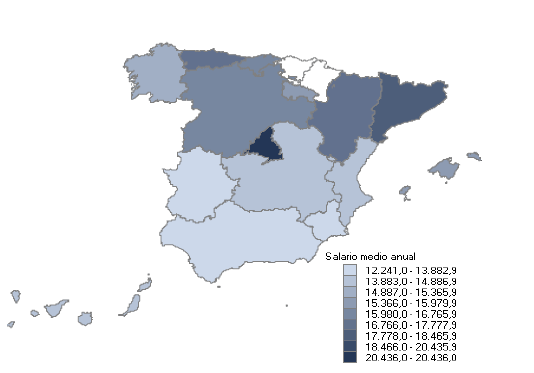 Mapa con la distribuci&oacute;n del salario medio anual por comunidades aut&oacute;nomas