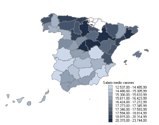 Mapa con la distribuci&oacute;n del salario medio anual por Provincias