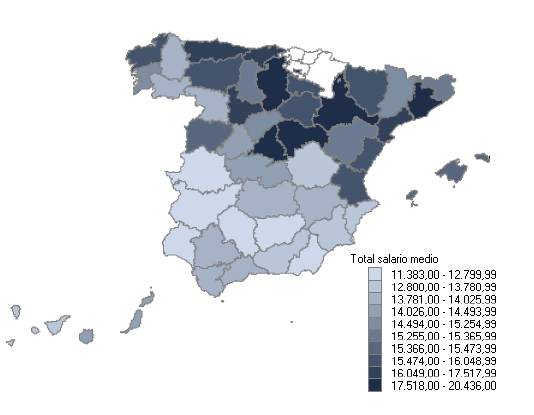 Mapa con la distribuci&oacute;n del salario medio anual por provincias (mujeres)