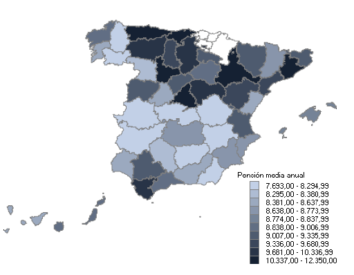 Districuci&oacute;n de pensiones medias por provincias