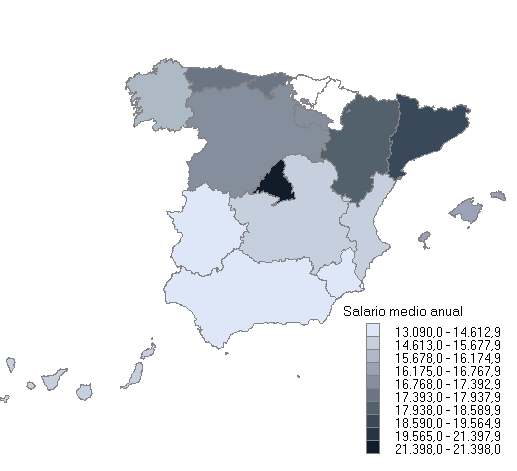 Mapa con la distribución del salario medio anual por comunidades autónomas