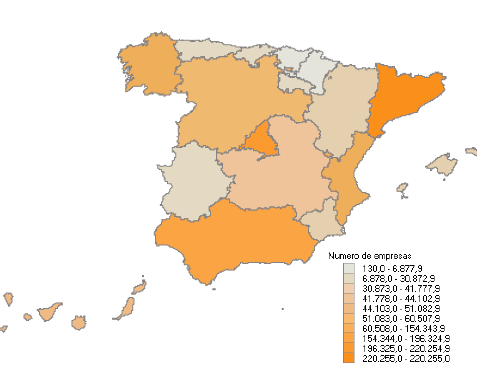 Distribución por Comunidades Autónomas del número de empresas