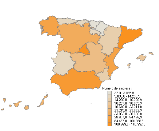 Distribución por Comunidades Autónomas del número de empresas con Resultado contable positivo