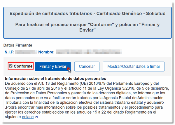 Marque Conforme y pulse "Firmar y Enviar"
