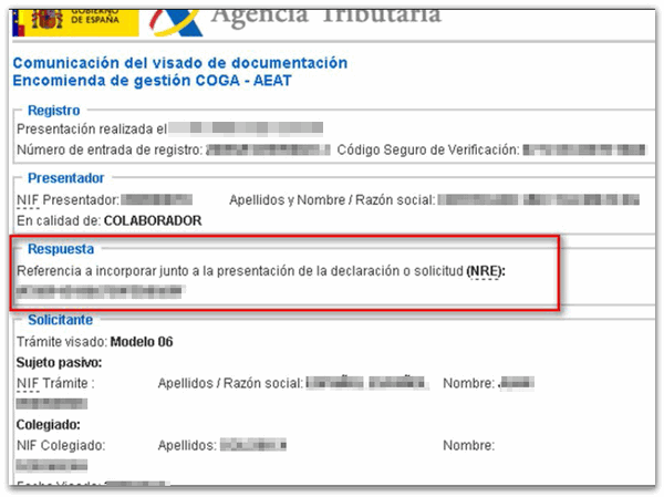 Respuesta de la AEAT con el NRE