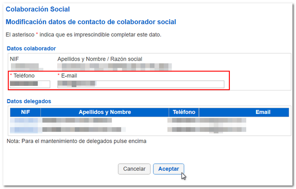 Modificación como Colaborador social con delegados