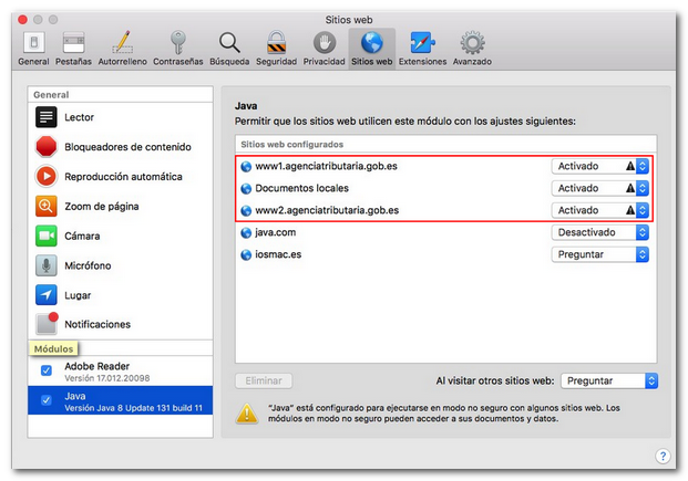 configuración correcta Java en sitios web