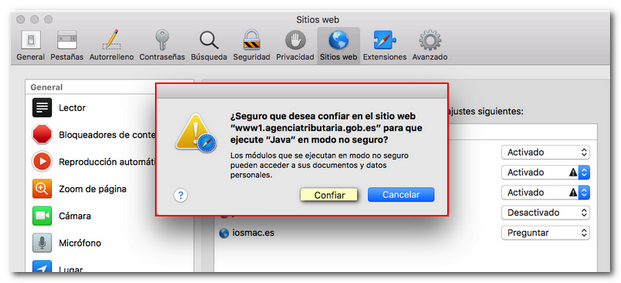 confiar en Java en modo no seguro
