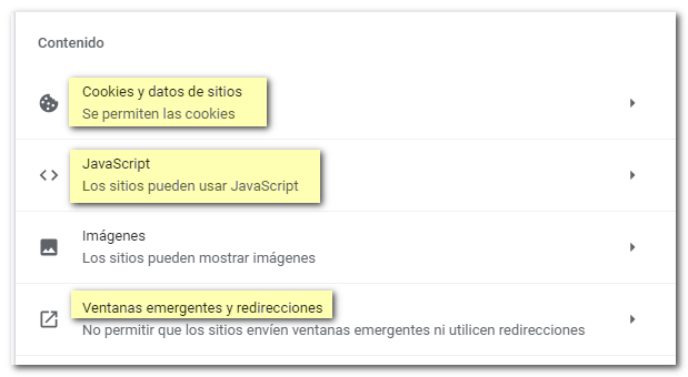 Imagen de configuración de contenidos