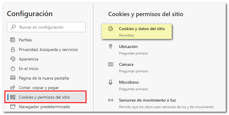 Cookies y datos de sitios