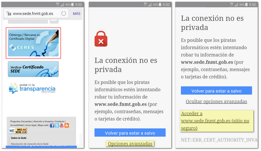 Instalar el certificado raíz desde el mensaje de error