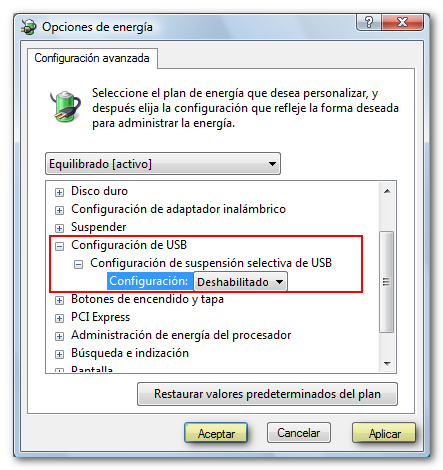 deshabilitar configuración de USB