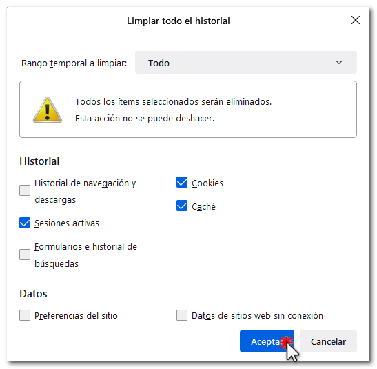 Cookies, caché y sesiones activas