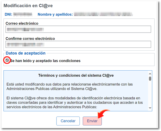 Cambio de correo electrónico y Enviar