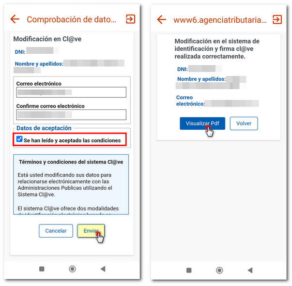 Modificar correo electrónico y visulalizar justificante