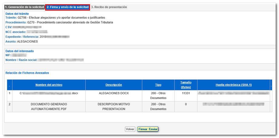 firma y envío de la solicitud