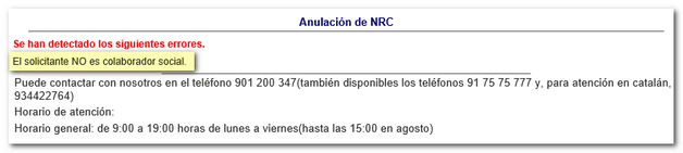 Mensaje de error "El solicitante NO es colaborador social"