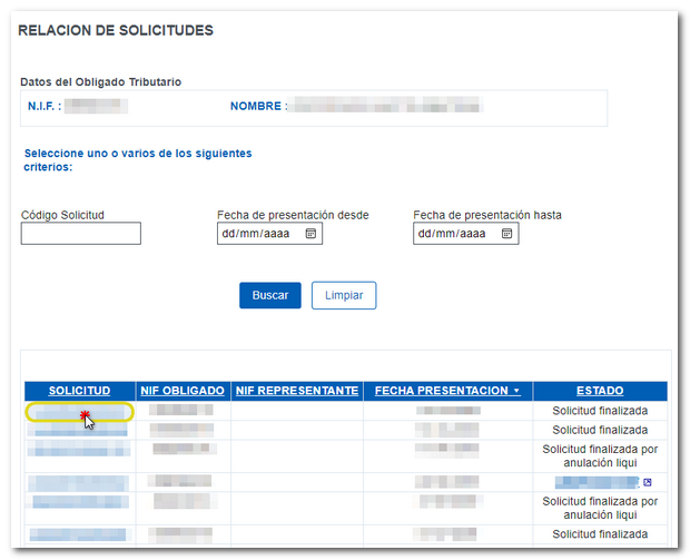 Elija la solicitud