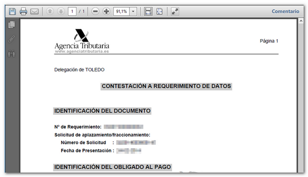 PDF del justificante de la contestación al requerimiento