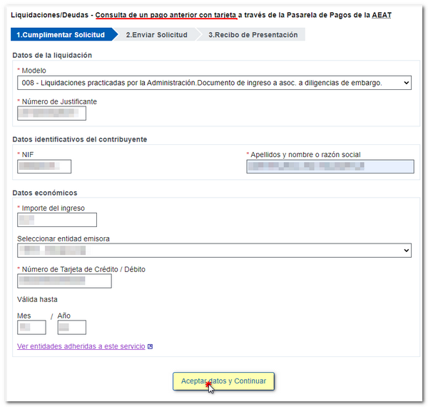 formulario de consulta de pago de liquidación con cargo en tarjeta