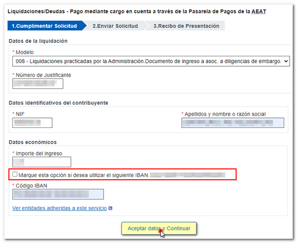 datos formulario pago liquidación IBAN predeterminado