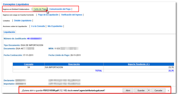 Abrir o guardar el pdf de la carta de pago