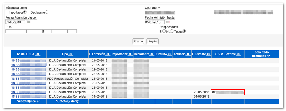 Localizar DUA y ver CSV para obtener el levante