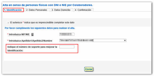 Identificación NIE con número de soporte