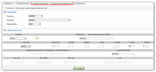 Cumplimentación de Datos domicilio y pulse enviar datos