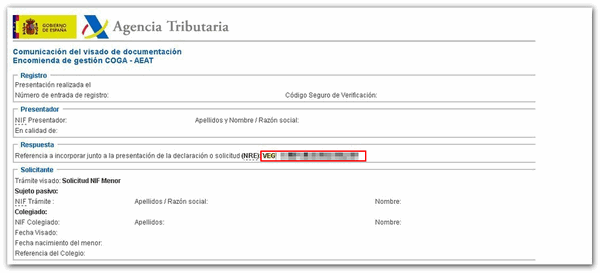 indique el NRE en comunicación de visado de documentación