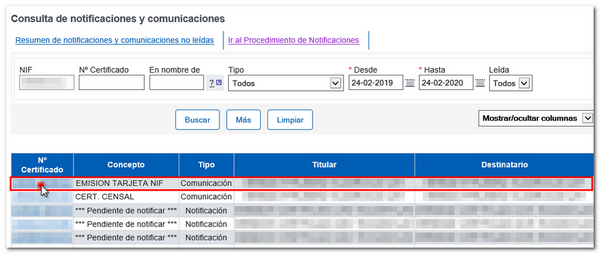 Comunicación emisión tarjeta NIF