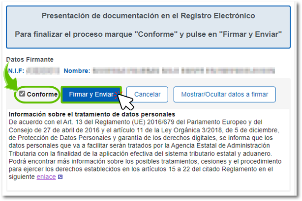 Conforme, Firmar y enviar