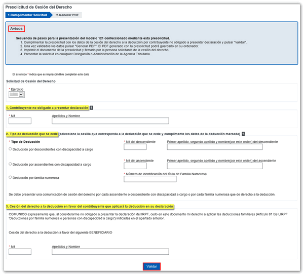Formulario para cumplimentación del modelo 121