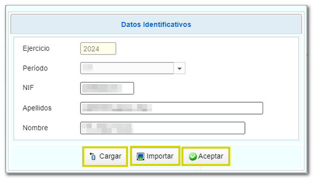 Datos identificativos, Cargar o Aceptar