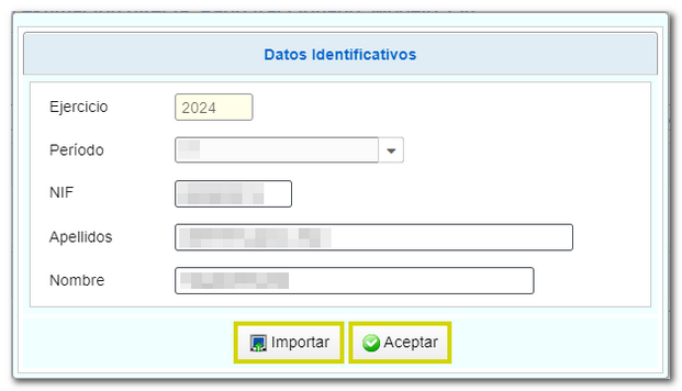 Ejercicio, período, apellidos y nombre o razón social