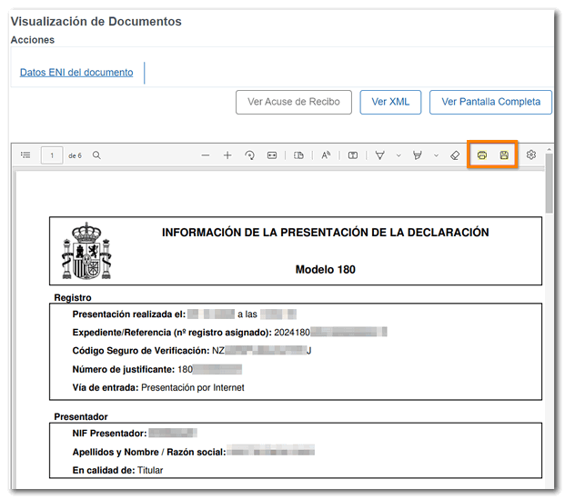PDF con el justificante y la copia de la declaración