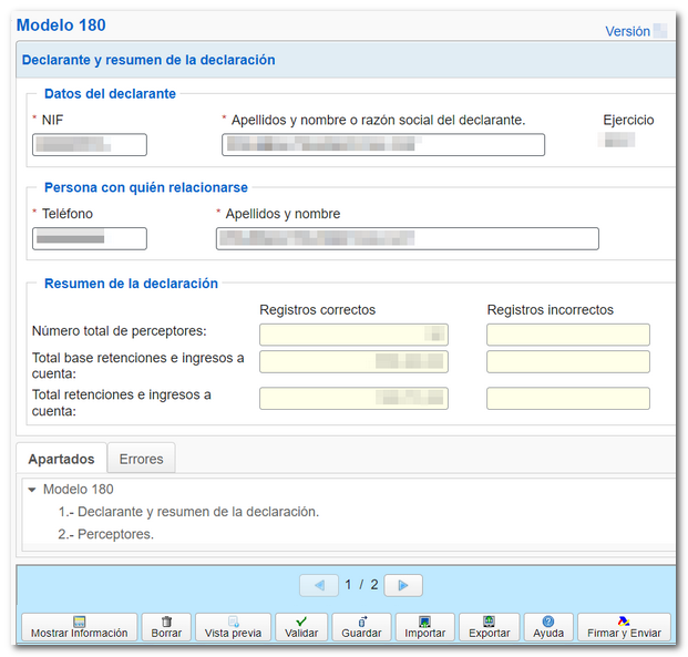 Página resumen y declarante modelo 180