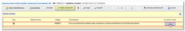 Botón "Validar declaración" con errores